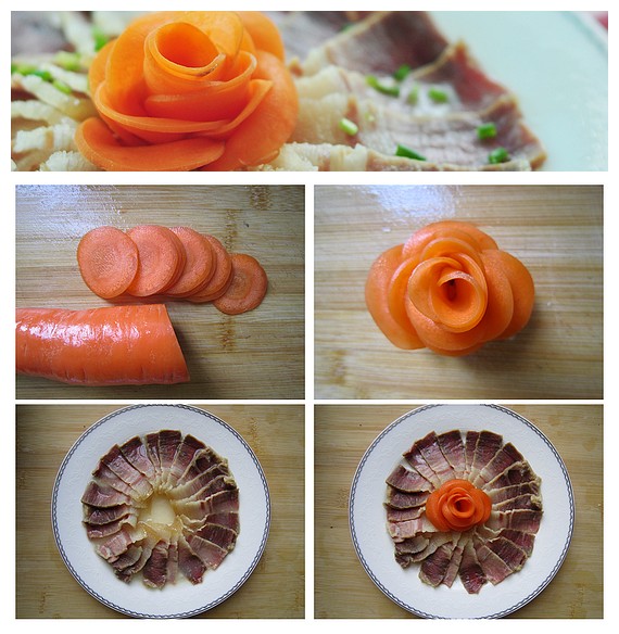 5,胡萝卜洗净,切圆片. 6,用牙签做成花朵状.