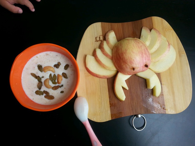 宝宝餐-麦片牛奶+螃蟹苹果,简单的早餐,稍多点