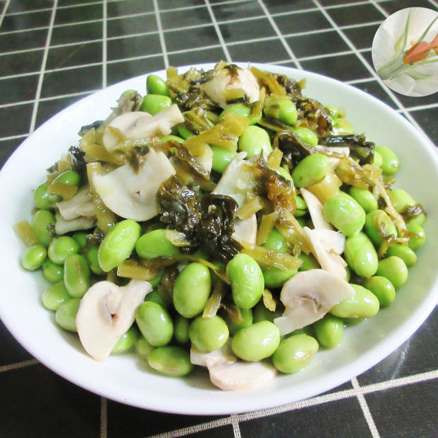咸菜蘑菇炒毛豆